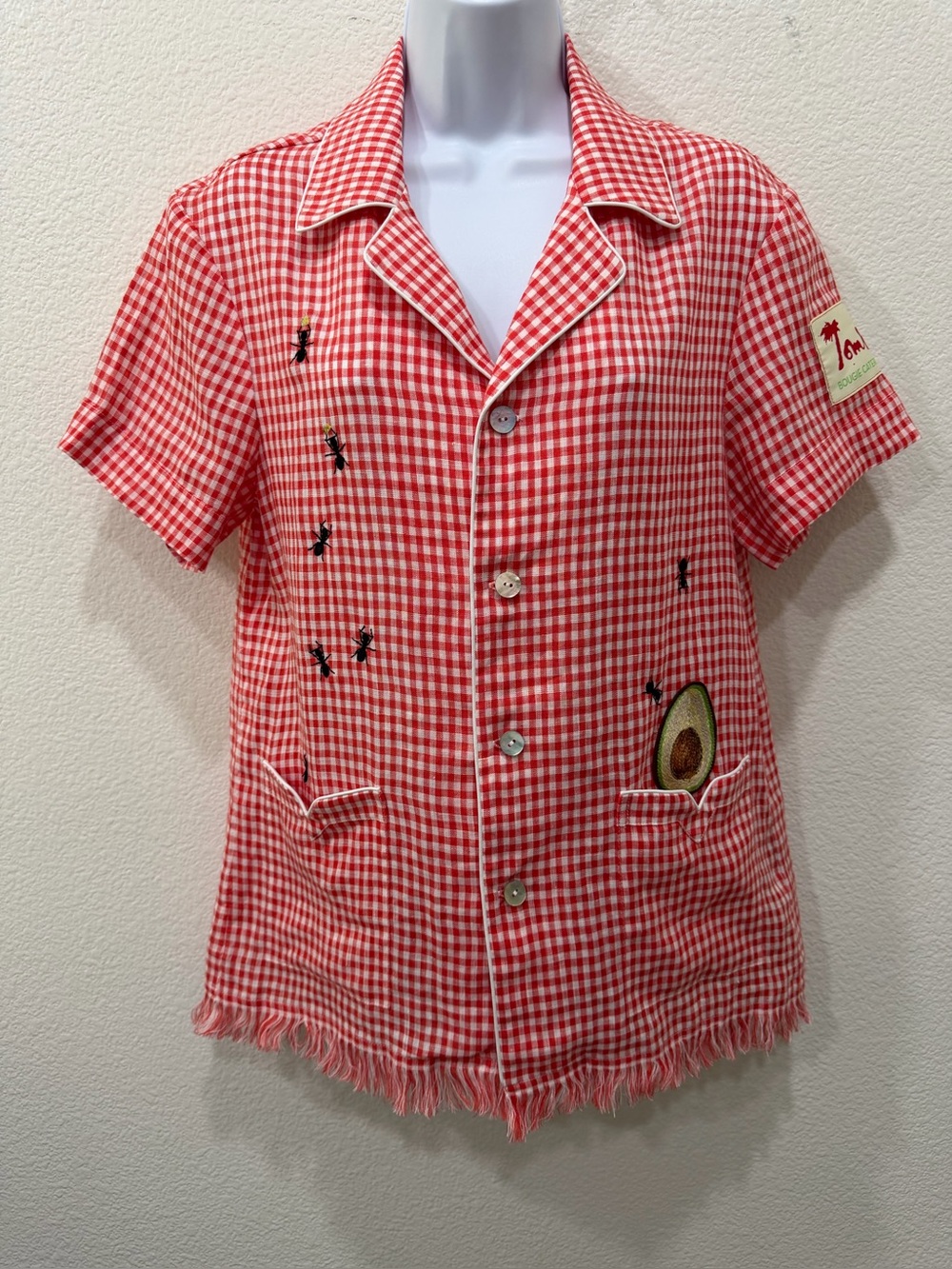 Tombolo!! Red Gingham Button-Down Shirt with Avocado Embroidery with ANTS!